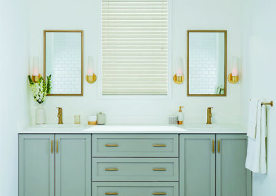 Modern, elegant bathroom vanity with centred window with custom blinds