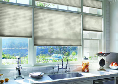 Inside a kitchen looking out winder with custom blinds