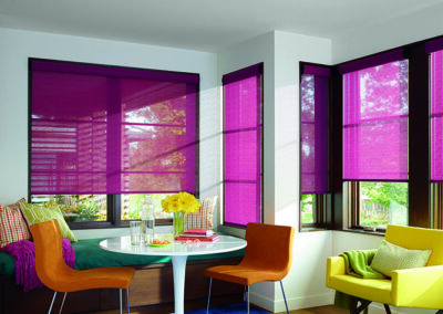 Bright multi-colour Modern Kitchen Dinette Space with pink blinds