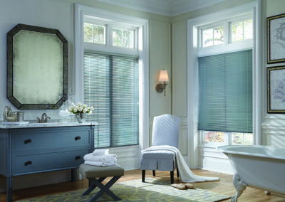 Traditional Bathroom in blue accents with matching window treatments